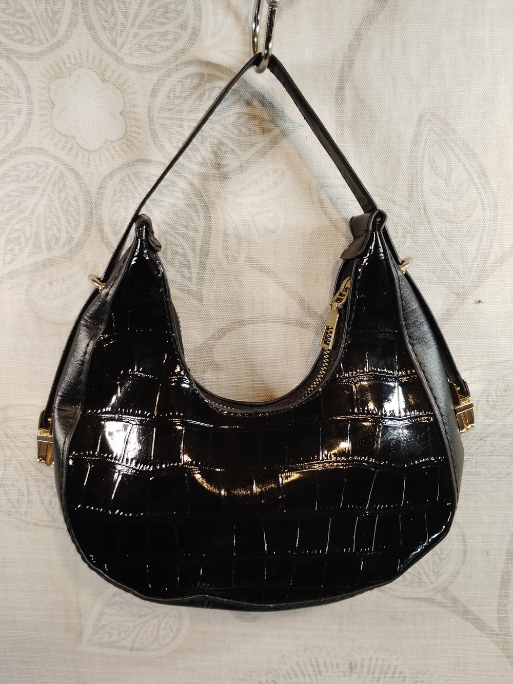 Black Patent Croc-Embossed Shoulder Bag